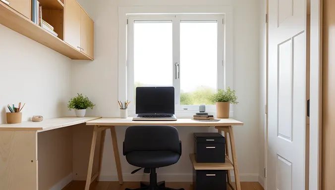 Minimalist Home Office with Plywood Desk and Natural Light