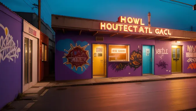Minimalist Industrial Hostel Background with City Street and Neon Sign