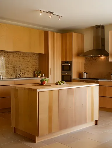 Minimalist Kitchen with Plywood Island and Ample Storage