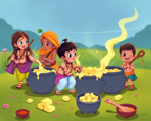 Mischievous Krishna Stealing Butter from Friends