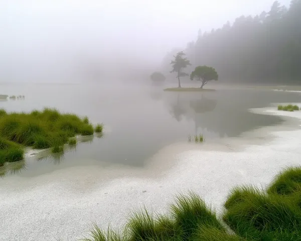 Misty Forest Pond with Powder-Like Water Surface