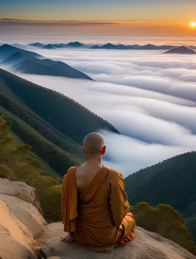 Misty Mountain Peak with Serene Asian Monk