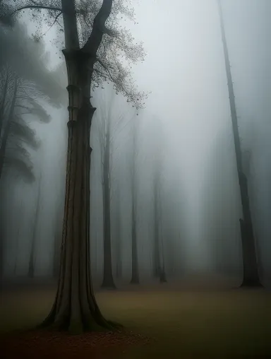 Misty Mysterious Forest Twisted Trees Fog Eerie Atmosphere Image