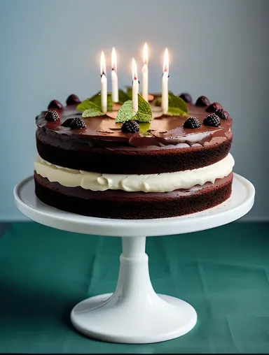 Modern Black Forest Cake with Fresh Mint Leaves and Candle