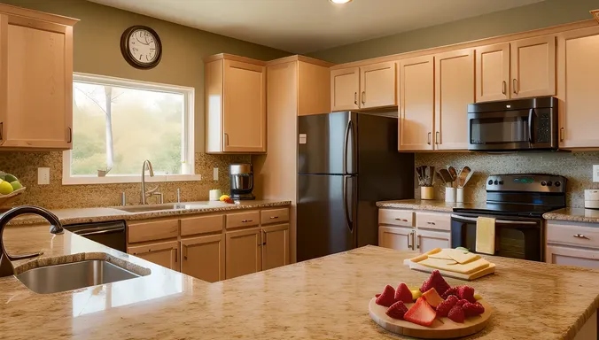 Modern Kitchen with Whistling Tea Kettle and Snacks