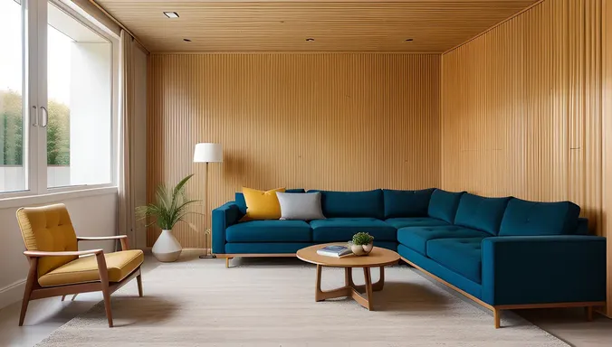 Modern Living Room with Plywood Accent Wall and Minimalist Sofa