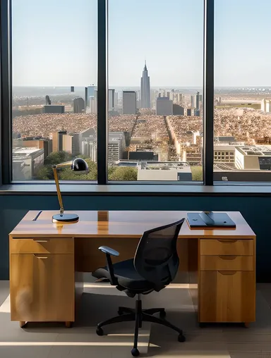 Modern Office with Plywood Desk and City View