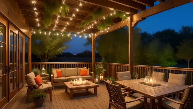 Modern Patio with Plywood Pergola and Twinkling String Lights