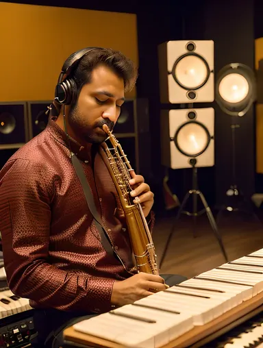 Modern Shehnai Player Records Music in Studio Setting