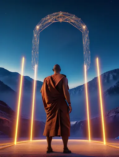 Monk Gazes into AI-Powered Portal to Digital Realm