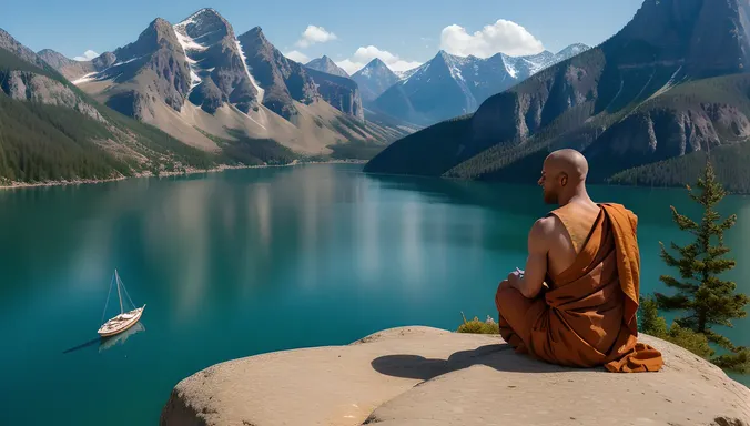 Monk Overlooks Serene Lake with Sailboats Drifting