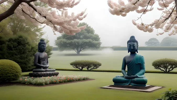 Monk Sits in Secluded Garden with Blooming Flowers