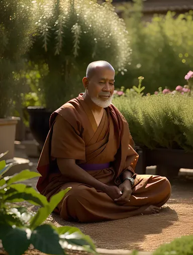 Monk Tends to AI-Powered Plants in Peaceful Garden