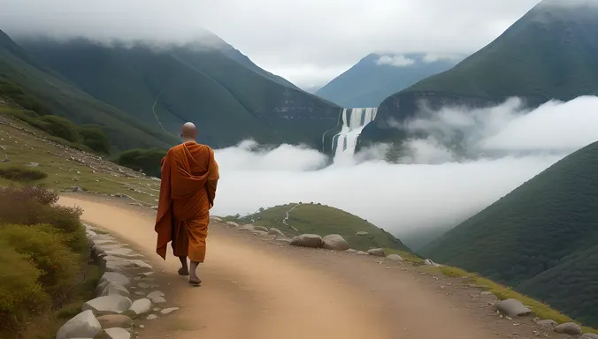 Monk Walks Alone on Winding Mountain Path with Waterfall