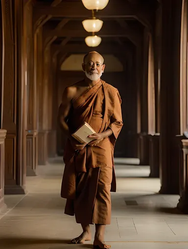 Monk in Empty Room with Glowing Book AI Monk Photo: Ancient Tomes