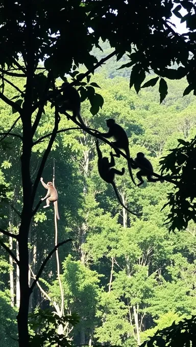 Monkeys Playing in Rainforest Treetops with Hidden Floor