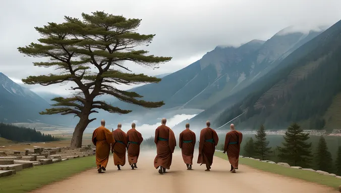 Monks Gather Around Ancient Tree Amidst Misty Mountains