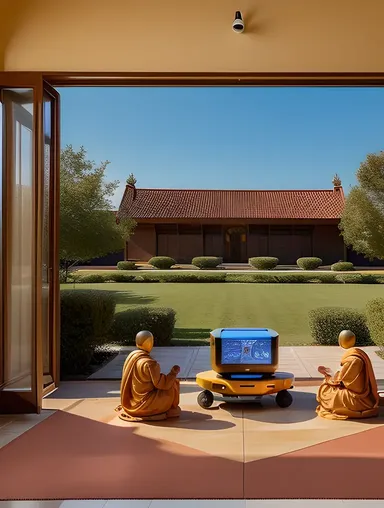 Monks Harmonize with AI in Futuristic Monastery