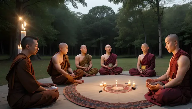 Monks Meditate Together Amidst Candles and Incense