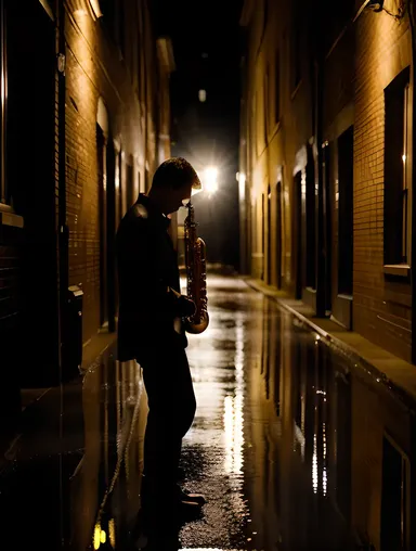 Moody Alleyway Saxophone Solo at Night