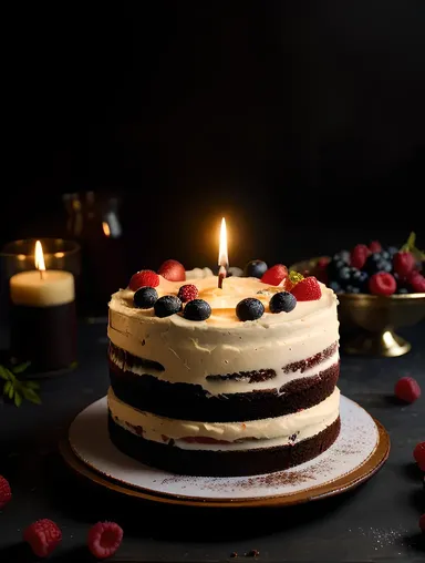 Moody Black Forest Cake with Single Candle and Berries