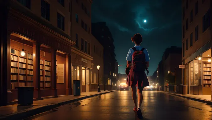 Moody School Girl Walks Alone at Night with Flashlight