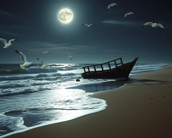 Moonlit Beach's Vestige of Shipwreck Against Crashing Waves and Seagulls