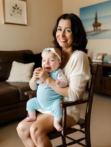 Mother Rocks Crying Baby in Cozy Living Room