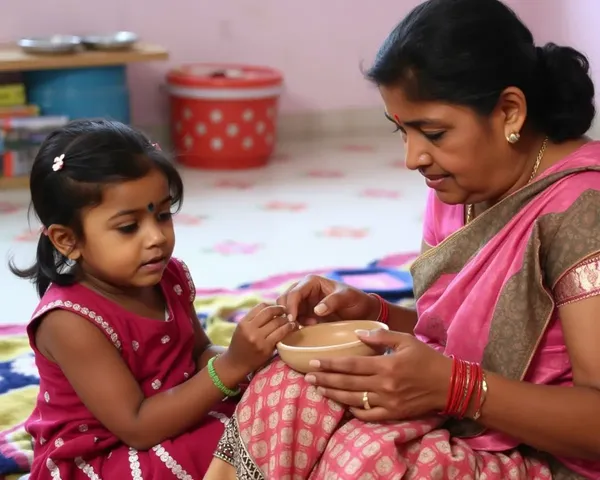 Mother teaches daughter traditional sakharpuda-making skills.