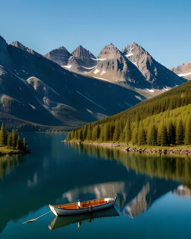 Mountain Lake Reflects Surrounding Peaks with Drifting Boat