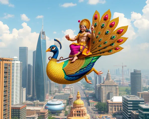 Murugan Riding Peacock Over Cityscape with Skyscrapers