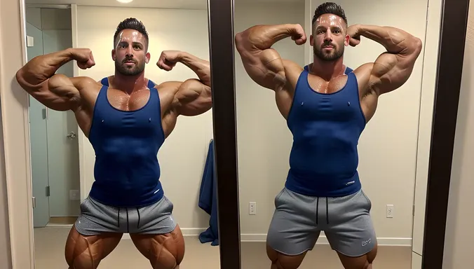 Muscular Bodybuilder Flexes in Mirror Photo