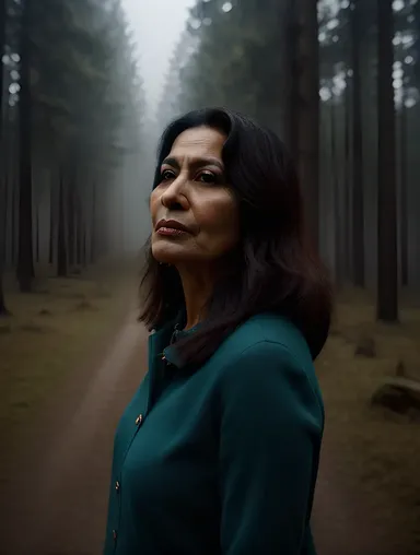 Mysterious Beauty Aunty Stands in Misty Forest