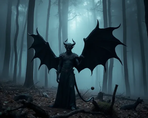 Mysterious Black Devil in Dark Misty Forest with Otherworldly Landscape Wallpaper