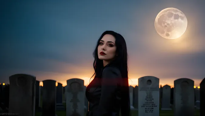 Mysterious Female Vampire Basks in Moonlit Graveyard
