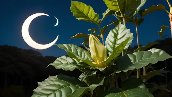 Mystical Datura Flower Blooms Under Crescent Moon