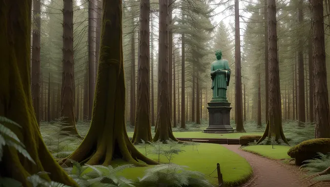 Mystical Forest Glade with Ancient Stone Statue of King