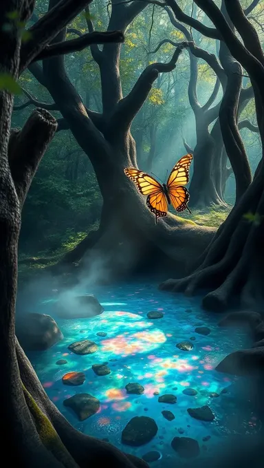 Mystical Forest Glade with Butterfly and Iridescent Pool