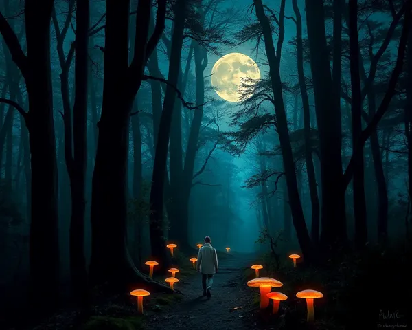 Mystical Forest Under Full Moon with Glowing Mushrooms