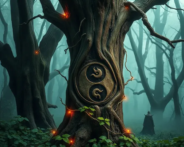 Mystical Forest with Etched Yin Yang Symbol and Glowing Runes