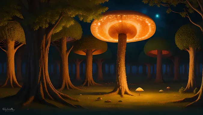 Mystical Forest with Glowing Mushrooms and Ghazal Poem