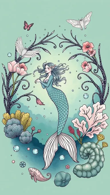 Mystical Mermaid Illustration with Sage Green Ocean Background