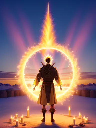Mystical Nude Anime: Shaman in Sacred Circle with Candles and Vortex