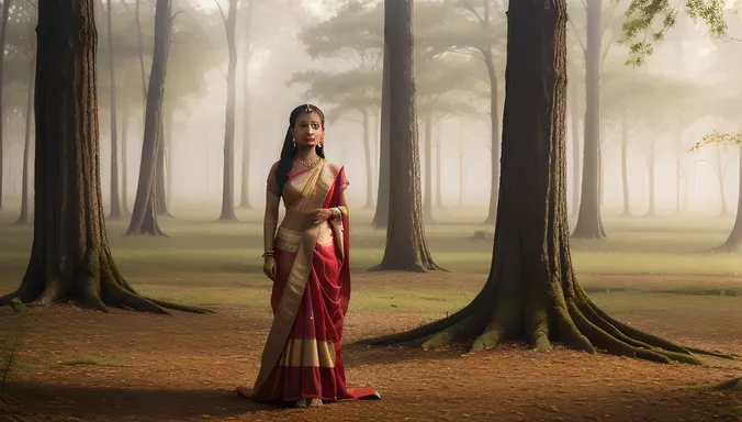 Mystical Satyabhama Connecting with Spiritual Realm in Misty Forest.