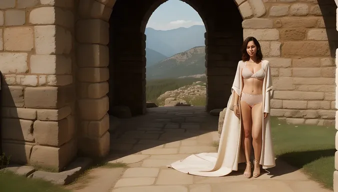 Mystical Woman in Bra and Cloak Standing Ancient Wall
