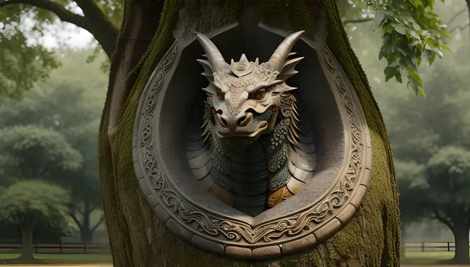 Mythical Dragon Wraps Around Ancient Tree with Dewy Stone Carving Pictures