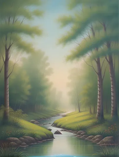 Narasimha Drawing Images: Tranquil Forest Setting with Gentle Stream