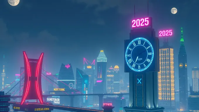 Neon Clock Tower Displays Year 2025 in Futuristic City