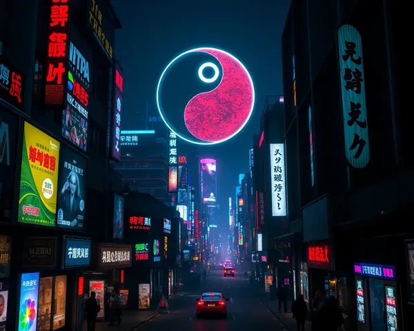 Neon-Lit City Street with Giant Yin Yang Hovering Above