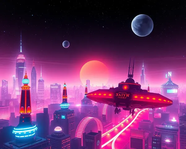 Neon-Lit City with Spaceship Landing on Jagran Banner